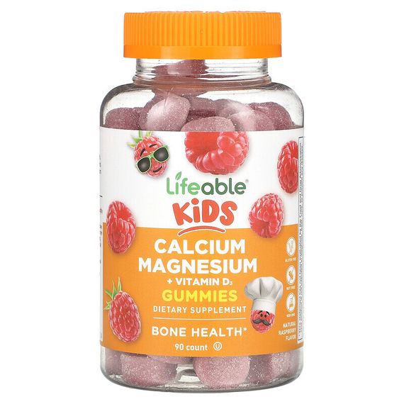 Lifeable, Кальций, магний и витамин D3 для детей, малина, 90 жевательных таблеток