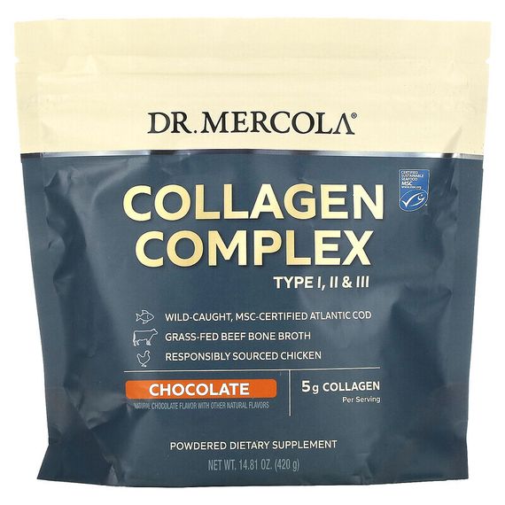 Dr. Mercola, Collagen Complex Type l, ll &amp; lll, шоколад, 5 г, 420 г (14,81 унции)