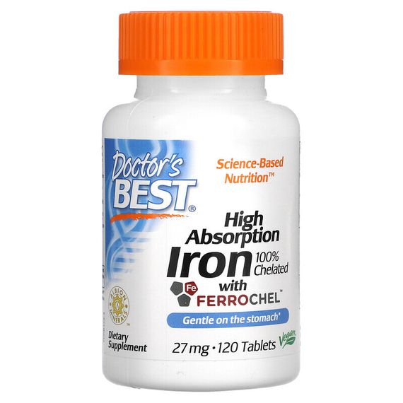 Doctor&#39;s Best, High Absorption Iron with Ferrochel, 27 mg, 120 Tablets