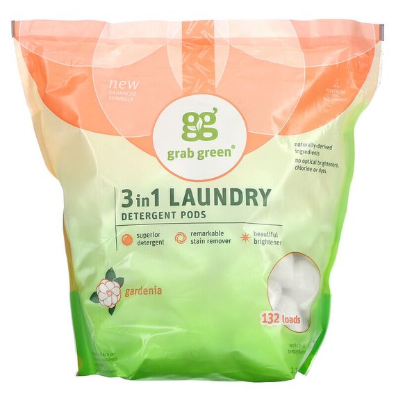 Grab Green, 3 In 1 Laundry Detergent Pods, Gardenia, 132 Loads, 4 lb 10 oz (2112 g)