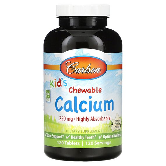 Carlson, Жевательные таблетки с кальцием для детей, с натуральным ванильным вкусом, 250 мг, 120 таблеток