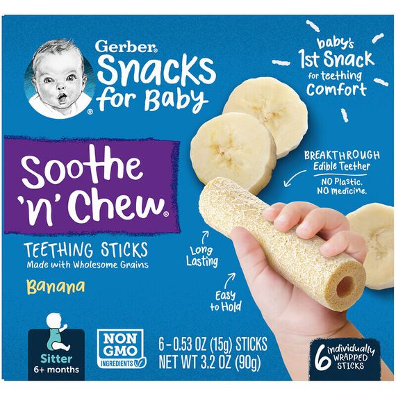 Gerber, Soothe &#39;N&#39; Chew, палочки для прорезывания зубов, от 6 месяцев, банан, 6 стиков в индивидуальной упаковке, 15 г (0,53 унции)