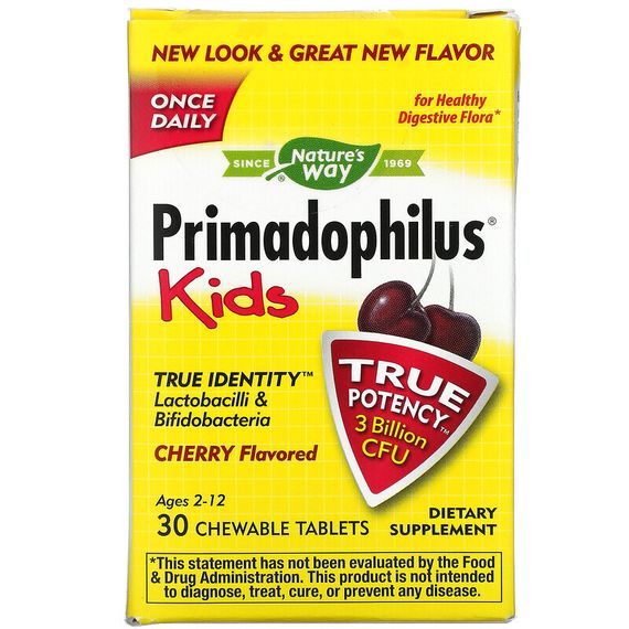 Nature&#39;s Way, Primadophilus, для детей, со вкусом вишни, 3 млрд КОЕ, 30 жевательных таблеток