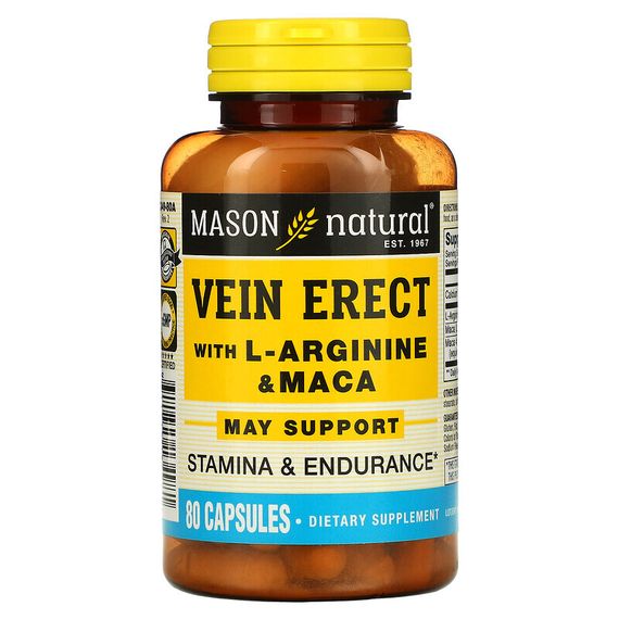 Mason Natural, Vein Erect, с L-аргинином и мака, 80 капсул