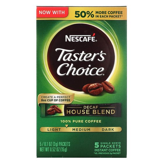Nescafé, Taster&#39;s Choice, House Blend, растворимый кофе, легкая/средняя обжарка, без кофеина, 5 пакетиков по 3 г (0,1 унции)