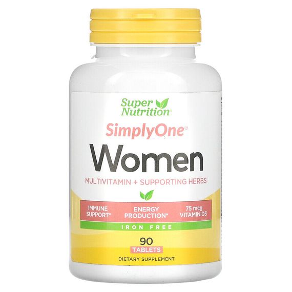 Super Nutrition, SimplyOne, мультивитамины и полезные травы для женщин, без железа, 90 таблеток