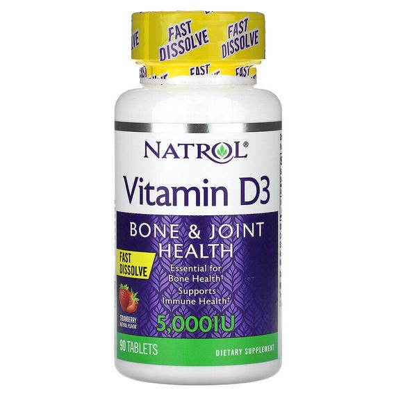 Natrol, витамин D3, здоровье костей и суставов, клубника, 5000 МЕ, 90 таблеток