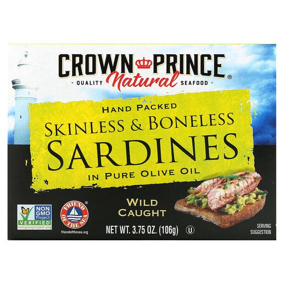 Crown Prince Natural, Сардины, очищенные от костей и кожи в чистом оливковом масле 3,75 унц. (106 г)