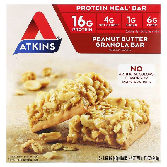 Atkins, Protein Meal Bar, батончик-гранола с арахисовой пастой, 5 батончиков, 50 г (1,76 унции)