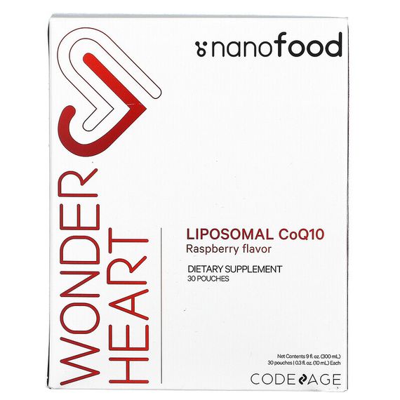 Codeage, Nanofood, Wonder Heart, липосомальный коэнзим Q10, малина, 30 пакетиков по 10 мл (0,3 жидк. Унции)