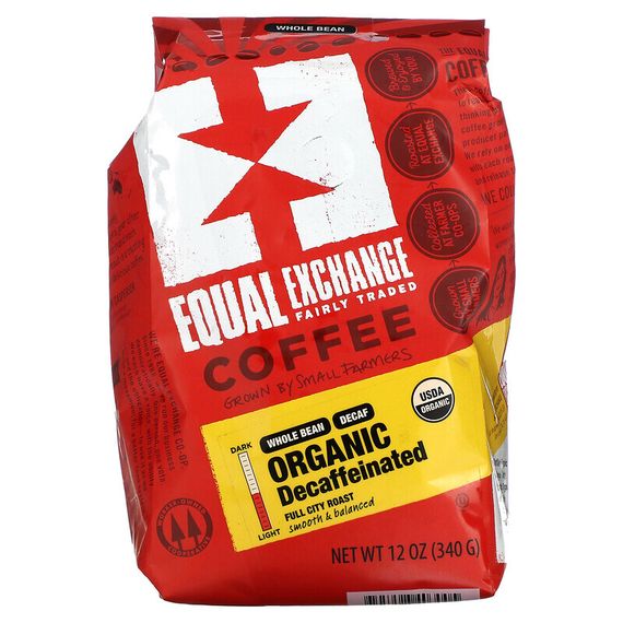 Equal Exchange, органический кофе, в зернах, полная городская обжарка, без кофеина, 340 г (12 унций)