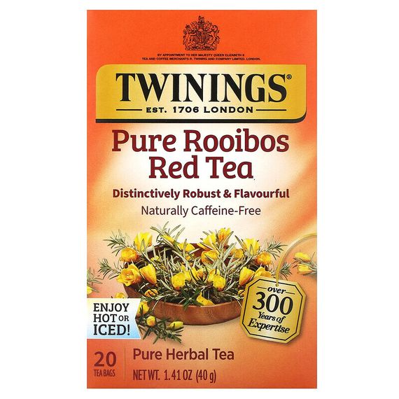 Twinings, Herbal Tea, чистый красный чай ройбуш, без кофеина, 20 чайных пакетиков, 40 г (1,41 унции)