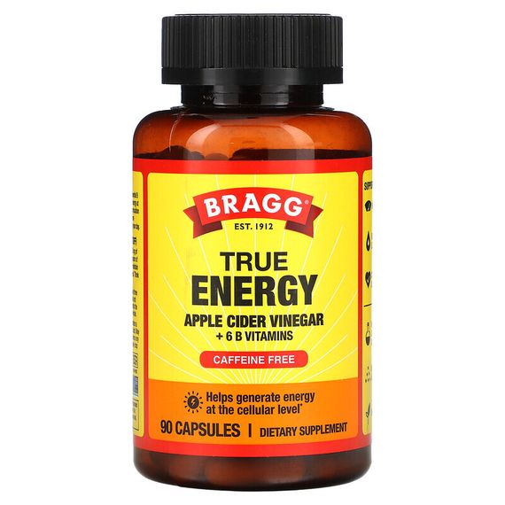 Bragg, True Energy, яблочный уксус и 6 витаминов группы B, без кофеина, 90 капсул