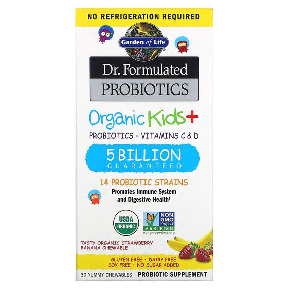 Garden of Life, Dr Formulated Probiotics, Organic Kids+, органические пробиотики для детей, со вкусом органической клубники и банана, 30 вкусных жевательных таблеток