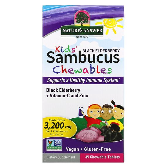 Nature&#39;s Answer, Kid&#39;s Sambucus, жевательные таблетки из черной бузины с витамином C и цинком, 45 жевательных таблеток