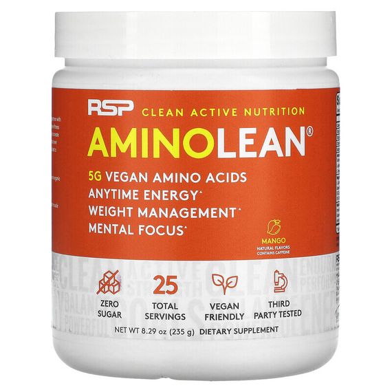 RSP Nutrition, AminoLean, 5 г веганских аминокислот и заряд энергии, вкус манго, 235 г (8,29 унции)