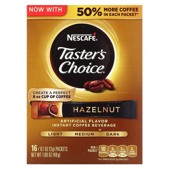 Nescafé, Taster&#39;s Choice, растворимый кофе, с фундуком, средняя/темная обжарка, 16 пакетиков по 3 г (0,1 унции)