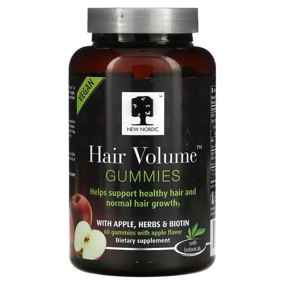 New Nordic US Inc, Hair Volume, жевательные таблетки для густоты волос с яблоком, травами и биотином, яблочный вкус, 60 жевательных таблеток