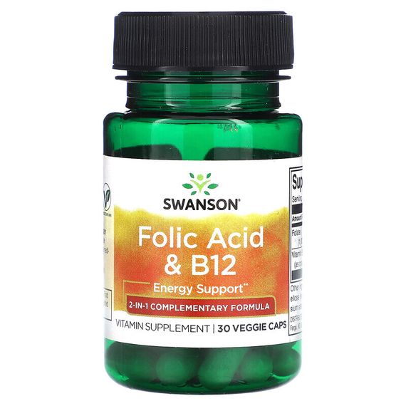Swanson, Фолиевая кислота и витамин B12, 30 растительных капсул