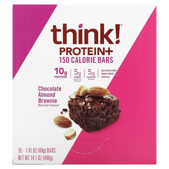 Think !, Протеиновые и клетчатые батончики, шоколадно-миндальный брауни, 10 батончиков по 40 г (1,41 унции)