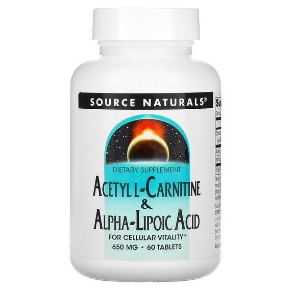 Source Naturals, ацетил-L-карнитин и альфа-липоевая кислота, 650 мг, 60 таблеток