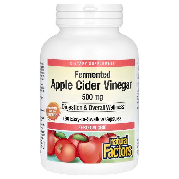 Natural Factors, ферментированный яблочный уксус, 500 мг, 180 капсул, которые легко глотать