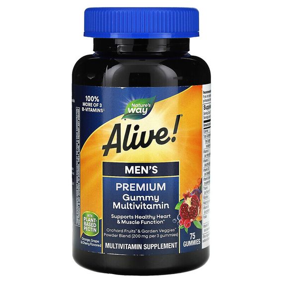 Nature&#39;s Way, Alive! полный комплекс мультивитаминов премиального качества для мужчин, со вкусом апельсина, винограда и вишни, 75 жевательных конфет