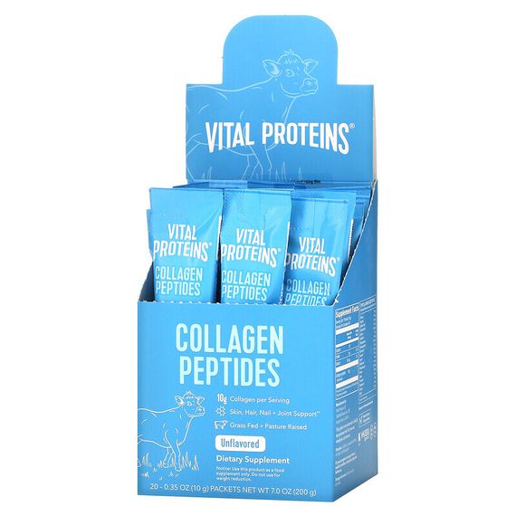 Vital Proteins, пептиды коллагена, без вкуса, 20 пакетиков, весом 10 г (0,35 унции) каждый