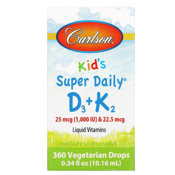 Carlson, Super Daily D3+K2 для детей, 25 мкг (1000 МЕ) и 22,5 мкг, 10,16 мл (0,34 жидк. унции)