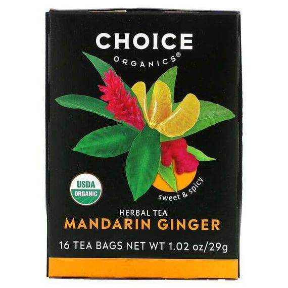Choice Organic Teas, Herbal Tea, мандарин и имбирь, без кофеина, 16 чайных пакетиков, 29 г (1,02 унции)