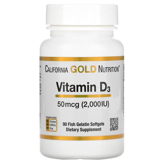 California Gold Nutrition, витамин D3, 50 мкг (2000 МЕ), 90 рыбно-желатиновых капсул