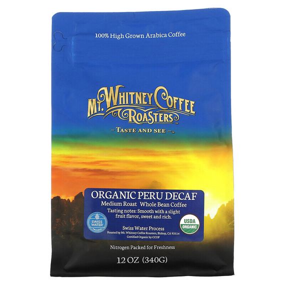 Mt. Whitney Coffee Roasters, органический кофе из Перу без кофеина, средней обжарки, зерновой, 340 г (12 унций)