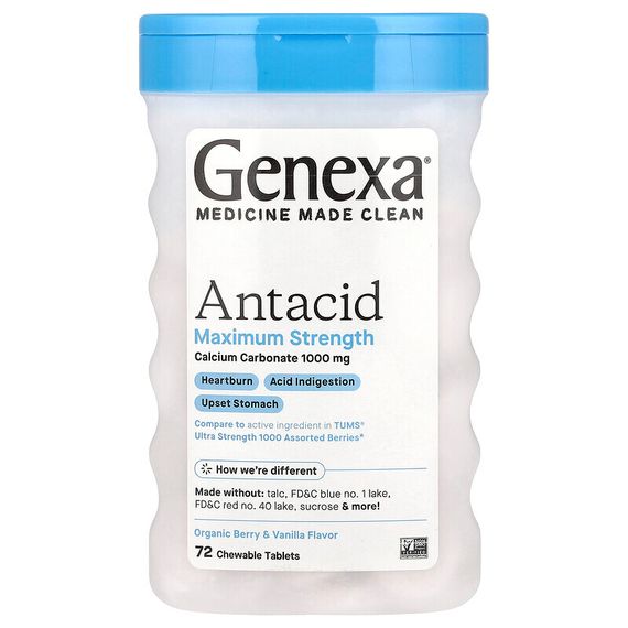 Genexa LLC, антацид максимальной силы, органические ягоды и ваниль, 1000 мг, 72 жевательные таблетки