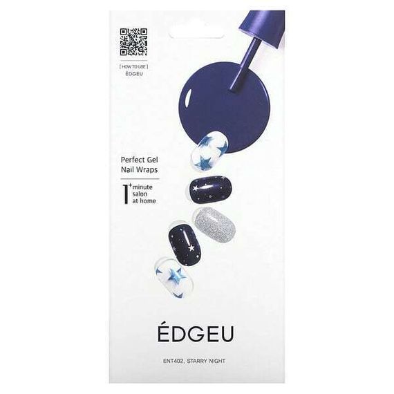 Edgeu, Гелевые обертывания для ногтей Perfect, ENT402, звездная ночь, набор из 16 полосок