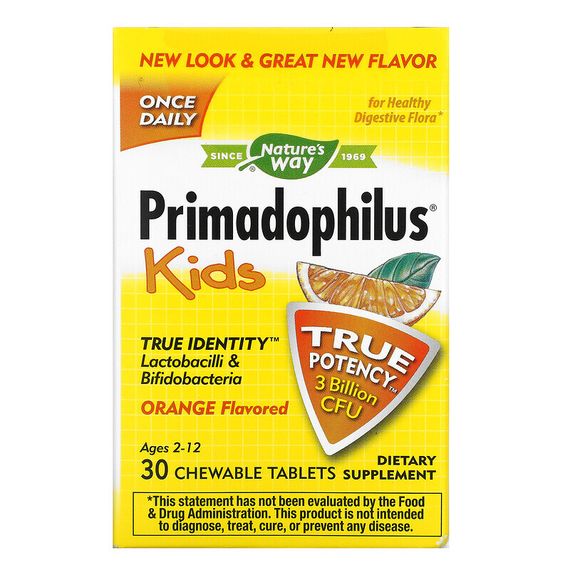 Nature&#39;s Way, Primadophilus, для детей от 2 до 12 лет, вкус апельсина, 3 млрд КОЕ, 30 жевательных таблеток