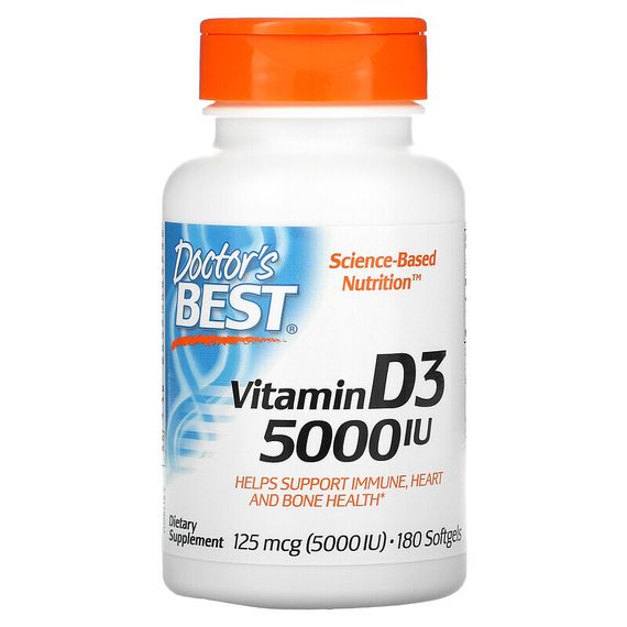 Doctor&#39;s Best, витамин D3, 125 мкг (5 000 МЕ), 180 капсул
