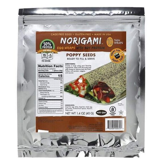 Norigami, Яичные обертки с соевым протеином, мак, 10 тонких оберток, 40 г (1,4 унции)