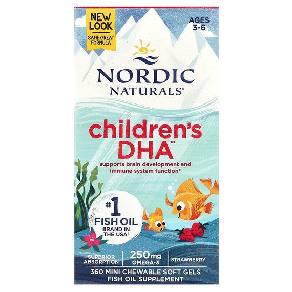 Nordic Naturals, ДГК для детей, клубника, для детей 3–6 лет, 250 мг, 360 желатиновых мини-капсул