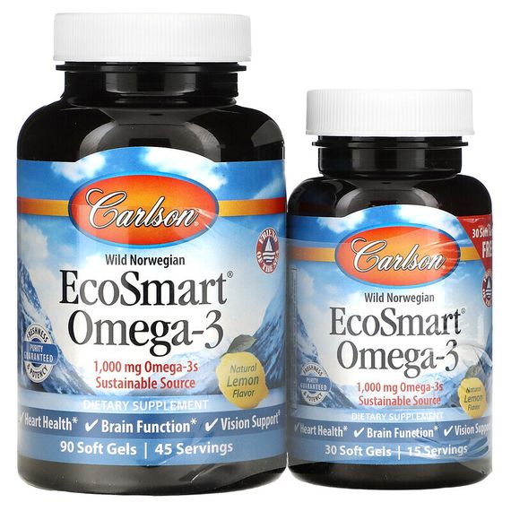 Carlson, EcoSmart Omega-3, натуральный ароматизатор «Лимон», 1000 мг, 90 + 30 желатиновых капсул